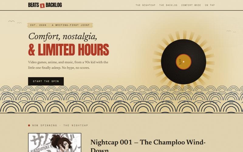 Beats and Backlog homepage: Comfort, nostalgia, and limited hours